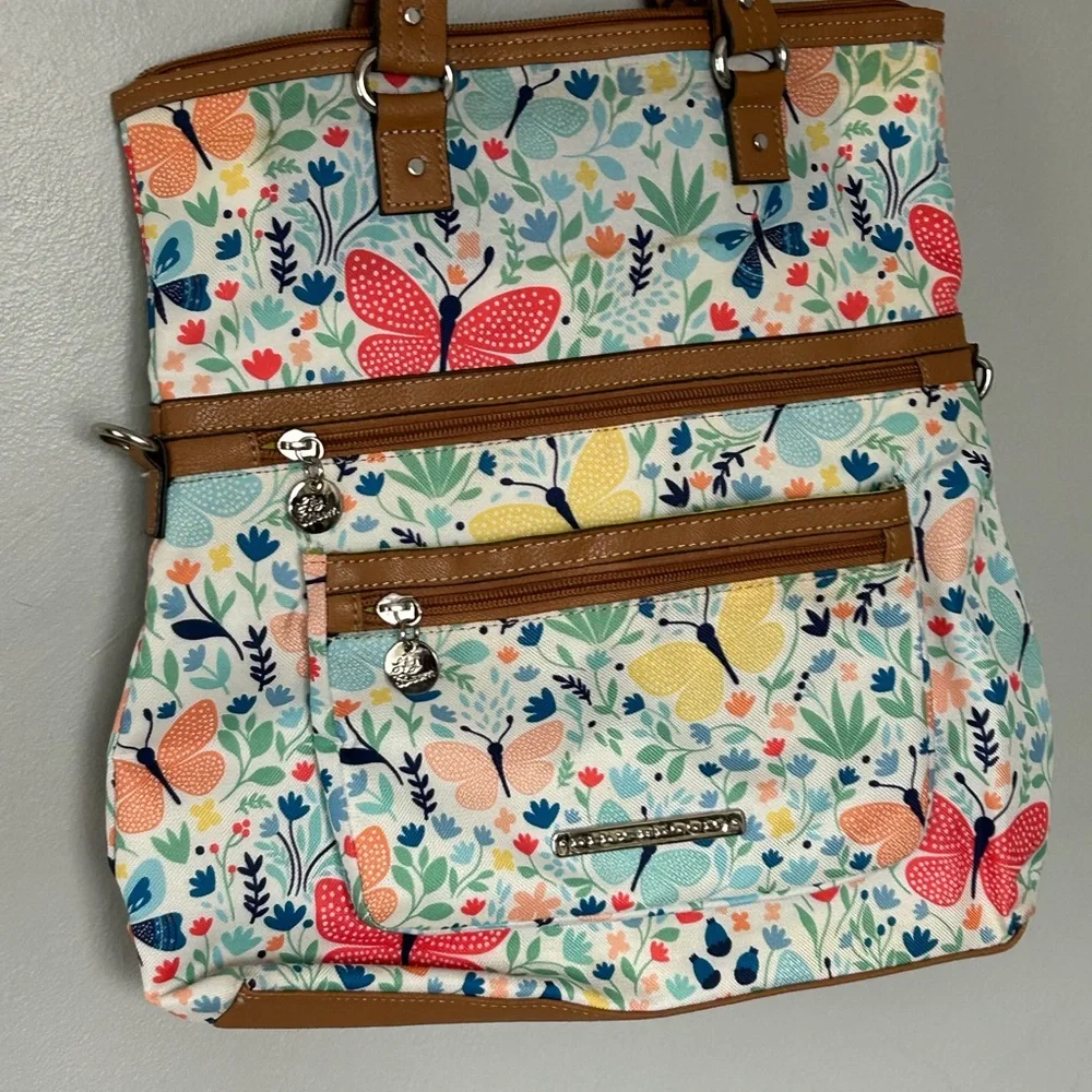 Floral Butterfly Tote Bag with Tan Accents
